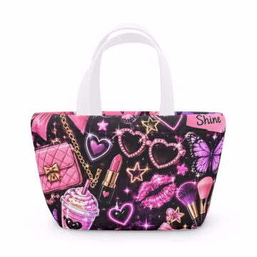 Lunch Bag: Pink Hearts, Butterflies, Makeup, Lips, Stars, Purse, Shake (100% Neoprene)