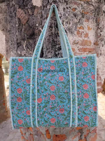 Handmade Cotton Quilted Tote Bag – Block Printed Shopper, Multi-Color