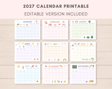 2027 Calendar Printable, Kids Calendar 2027, Printable Calendar, Editable Calendar, 2027 Calendar, Cute 2027 Calendar, Kids Monthly Planner