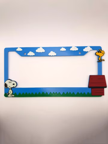 Snoopy Inspired License Plate Frame | Cute Cartoon Dog Car Tag Frame | Black & White Character Auto Accessory