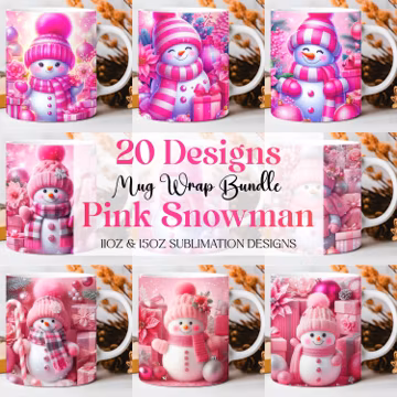 Pink Snowman Mug Wrap: Christmas Sublimation Designs (Digital Download)