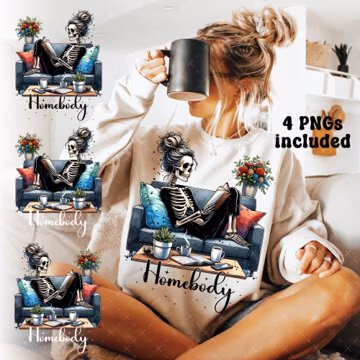 Homebody Skeleton Funny Girl Sublimation File, Funny Introvert PNG Files, Sarcastic PNG File, Snarky Skeleton, Messy Bun Digital Download