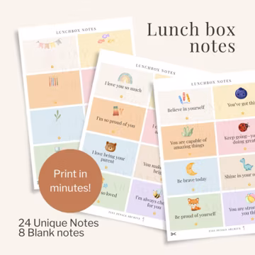 Printable Lunch Box Notes for Kids | 24 Encouraging Lunchbox Notes + 8 Blank Cards | School Lunch Notes | Digital Download PDF