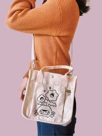 Embroidered Canvas Tote Bag: Cartoon Flower Design, Crossbody Lunch Bag