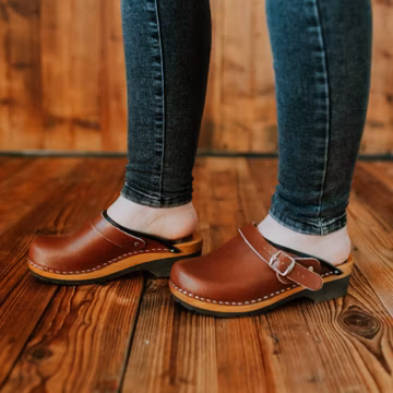 Swedish Leather Clogs: Brown Buckle Clogs, Alder Wood Sole
