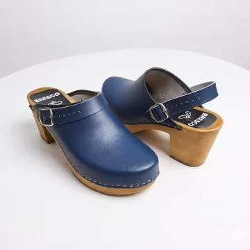 Navy Leather Heeled Clogs: Swedish Mary Jane Style