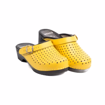 Handmade Swedish Wooden Clogs: Yellow Perforated Leather Mules
