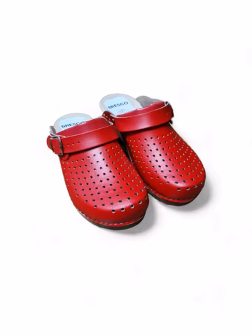 Swedish Red Leather Clogs: Perforated Buckle Wooden Shoes