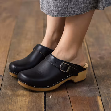 Handmade Black Leather Clogs: Scandinavian Wooden Sole Mules