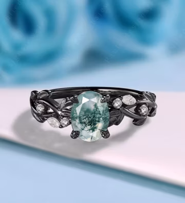 Oval Moss Agate Engagement Ring 14K Black Gold Leaf Moissanite Twist Promise Ring Dainty Green Gemstone Ring Anniversary Gift