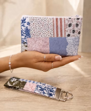 Patchwork Print Zipper Pouch with Matching Wristlet Keychain, Handmade Floral Cosmetic Bag, Small Wallet, Cash and Card Holder