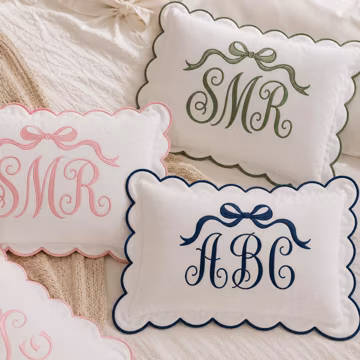 Custom Bow Monogram Embroidered Pillow Cover, Personalized Initial Pillow, Scalloped Pillow Cover, Wedding Gift, Bridal Shower Decor