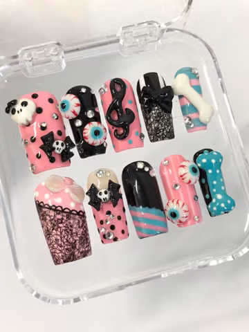 Pink Black Creepy Press On Nails | 3D Eyeball, Bone, Skull Bow & Rhinestone Nail Art
