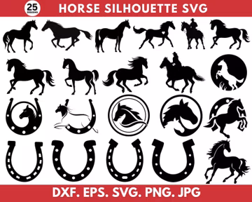 Horse Svg Bundle, Horse Silhouette, Horse Clipart, Horse Cut File, Horseshoe Svg, Svg Files For Cricut, Instant Download, Commercial Use
