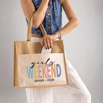 Girls Weekend Miami 2026 Jute Bag, Custom City Year Vacation Bag, Besties Trip Tote Bag