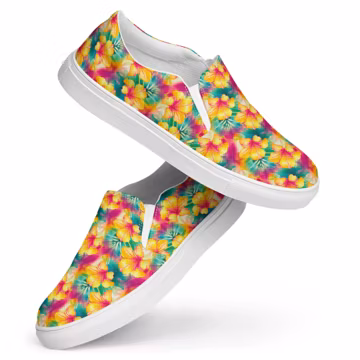 Hawaiian Flowers Printed Men's Canvas Shoes, Low-Top Comfy Botanical Shoes, Designer Aesthetic Slip-On Shoes, Men's Fashion, Gift for Him