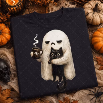 Funny Halloween Ghost Cat PNG, Meh Coffee Spooky Sublimation Design, Introvert Black Cat Shirt Graphic, Retro Fall Digital Download