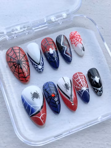 Hero Inspired Press On Nails | Spider Web Design, Red Blue Glitter Nails