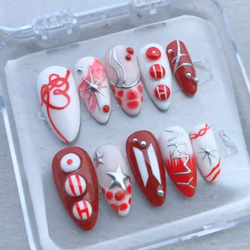 K-pop Idol Fandom Nails | Red White Typography, Star Detail, Comeback Inspired Set