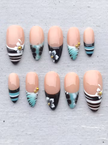 Handmade Tropical Safari Press On Nails | Turquoise Leaf, Zebra Stripe Design