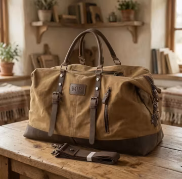 Personalized Waxed Canvas Duffle Bag with Leather Trim – Travel Weekender Gym Overnight Bag