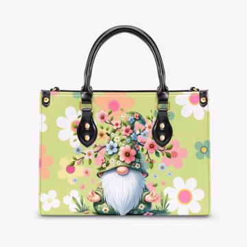 Meditation Gnome PU Leather Tote Bag: Floral Nature Shoulder Bag