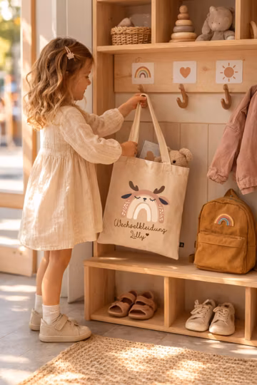 Kita Tragetasche Wechselkleidung mit Namen personalisiert Regenbogen Tier Kinder Baumwoll Tragetasche personalisiert Geschenk Kindergarten