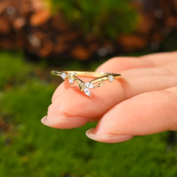Marquise Cut Moissanite curved v-band 14k Gold Moissanite Diamonds wedding band, leaf floral promise Band, Elegant for Her Anniversary ring