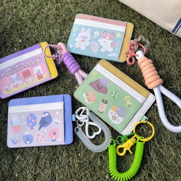 Starry Forest Cute Card Holder Wallet Women with Keychains and wristlets, kawaii small mini slim card holder for travel pass ID badge girls