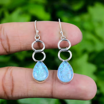 Aqua Blue Triplet Opal Earring, 925 Sterling Silver Shimmering Gemstone Jewelry, Handmade Sparkling Dangles for Gift