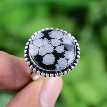 Genuine Snowflake Obsidian Ring, 925 Sterling Silver Filigree Art Jewelry, Handmade Bohemian Gemstone Ring, Gift for Her