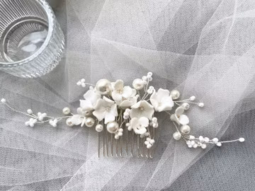 Delicate Ceramic Flower Bridal Hair Comb, Wedding Accessories, Vintage Style Hair Comb,Pearl Hair Comb,Boho headband,silver headpiece