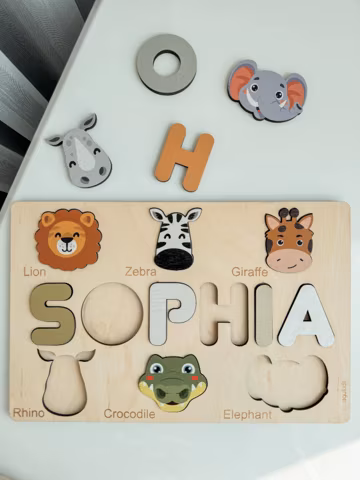 Wooden Puzzle First Name, Customizable Gift 1 Year, Animals Puzzle for Child, Personalized Name Puzzle for Toddlers 1-4 years,Baptism Gift