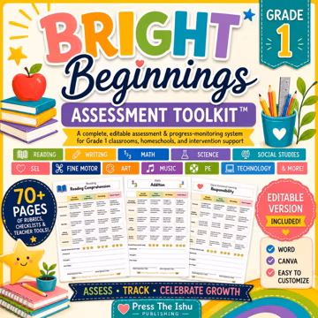 Grade 1 Assessment Toolkit, Editable Rubrics, Report Card Tracker, Homeschool Forms (PDF)