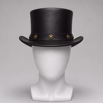 Black Leather Top Hat with Studded Concho Band, Steampunk Gothic Victorian Wide Brim Hat