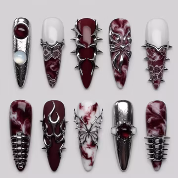 Burgundy Gothic Press On Nails | 3D Chrome Nails | Vampire Goth Nails | Dark Coquette Nails | Handmade Fake Nails