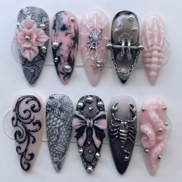 Gothic Coquette Press On Nails | Black Pink 3D Lace Nails | Spider Web Chrome Charm | Alternative Goth Nails
