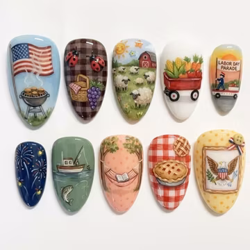 Labor Day Press On Nails | American Country Fair Nails | Farm Picnic Nail Art | Handmade Fall Press On Nails | Gift for Her