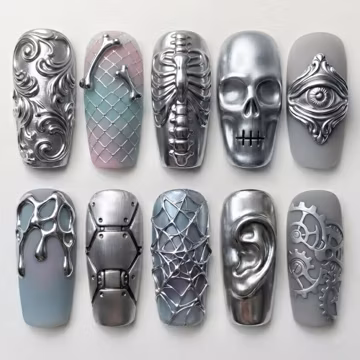 Silver Gothic Press On Nails | Chrome Skull Nails | Cyberpunk Nails | 3D Metallic Nails | Gothic Fake Nails
