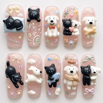 Cute Cat Dog Press On Nails | Kawaii Animal Nails | 3D Puppy Kitten Nails | Pastel Pink Nails | Handmade Fake Nails