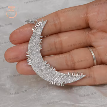 Solid 925 Sterling Silver Moon Pendant Natural Pave Diamond Jewelry Handmade Crescent Moon Charm Gift For Her Silver Diamond Big Pendant New