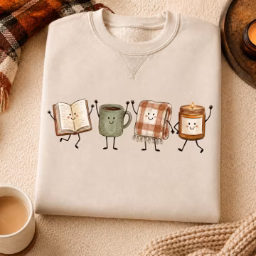 Cute Book Lover PNG | Reading Doodle Friends | Coffee Mug Candle Blanket Book PNG | Bookish Sublimation Design | Reader Graphic Download
