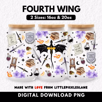 Fourth Wing Tumbler Wrap 16oz 20oz Libbey Glass Can PNG, Bookish Fantasy Book Lover, Cup Sublimation UVDTF Design, Dragon Trending Booktok