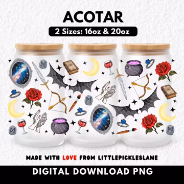 ACOTAR Book Tumbler Wrap 16oz & 20oz Glass Can Wraps, Bookish Booktok Coffee Cup, Sublimation UVDTF Design, Digital Download PNG