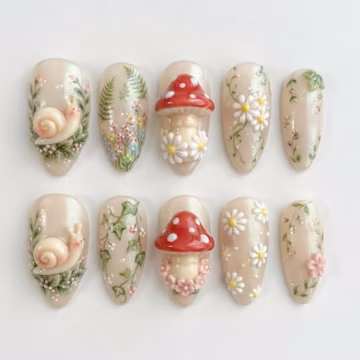 Woodland Mushroom Press On Nails, 3D Snail & Daisy Manicure, Handmade Cottagecore Fake Nails, Forest Nature Art Set, Design