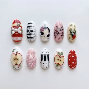 Piano Press On Nails, 3D Music Manicure, Handmade Cute Anime Fake Nails, Apple Art Set