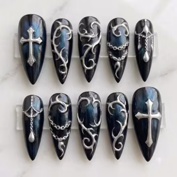 Gothic Cross Press On Nails | Metallic Silver Cyber Y2K Fake Nails | Dark Fantasy Chrome Glue On Nails | Handmade Almond Stiletto Nails