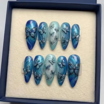 3D Blue Butterfly Press On Nails, Ocean Marble Fake Nails, Fairycore Stiletto Nails, Custom Handmade Gel Nails, Y2K Glue On Nails
