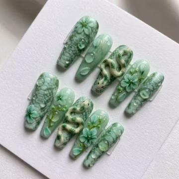 3D Green Snake Press On Nails | Sage Green Floral Fake Nails | Water Drop Snake Print Custom Nails | Witchy Coffin Glue On Nails