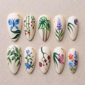 Handmade Wildflower Botanical Press On Nails | Cottagecore Floral Butterfly Nature Art | Hand Painted Garden Almond Fake Nails
